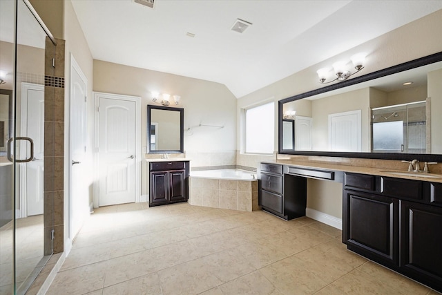 bathroom featuring tile patterned flooring, vanity, lofted ceiling, and plus walk in shower