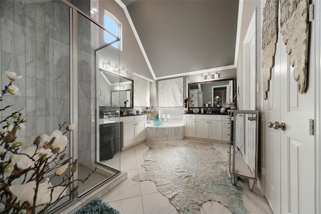 bathroom with lofted ceiling, vanity, plus walk in shower, and tile walls