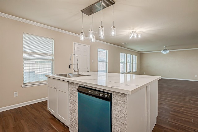 kitchen featuring sink, a center island with sink, dishwasher, pendant lighting, and white cabinets