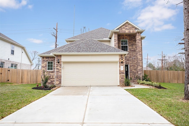 traditional-style house featuring a front yard, fence, and brick siding