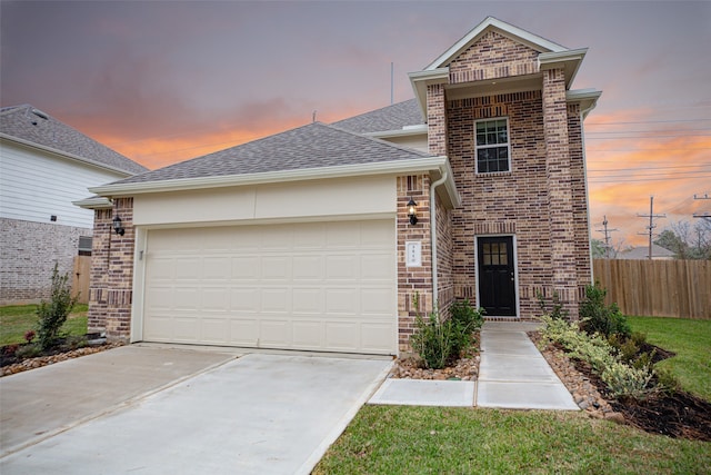 view of front of home with a garage, brick siding, a shingled roof, fence, and driveway