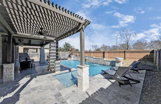 view of swimming pool featuring a pergola, a patio area, pool water feature, and ceiling fan