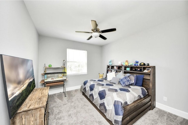 bedroom with ceiling fan and carpet flooring