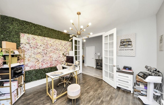 office featuring french doors, an inviting chandelier, and dark wood-type flooring