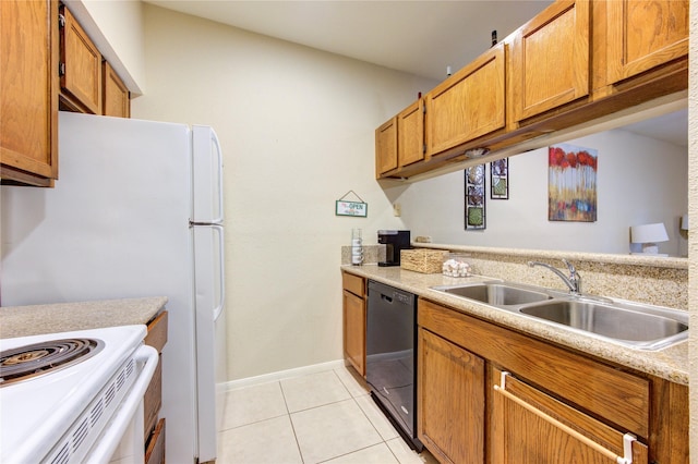 kitchen with dishwasher, sink, light tile patterned floors, and kitchen peninsula