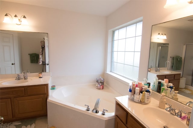 bathroom with vanity and separate shower and tub