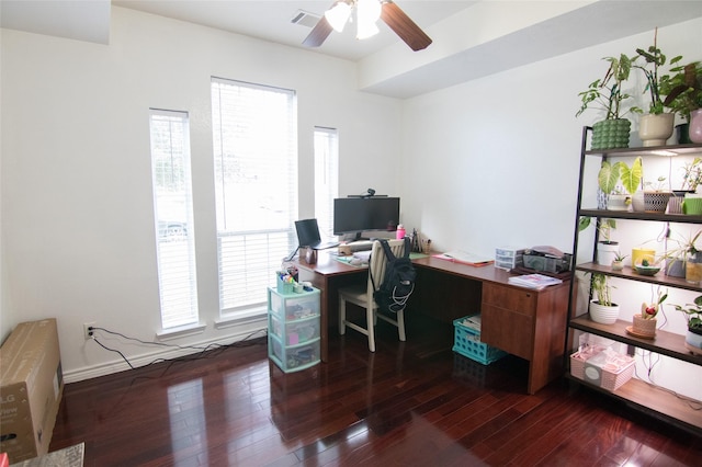 office space featuring ceiling fan, plenty of natural light, and dark hardwood / wood-style flooring