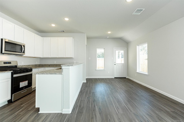 kitchen with stainless steel appliances, light stone countertops, lofted ceiling, and white cabinets