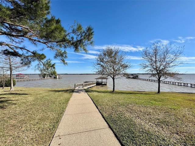 view of yard featuring a water view and a dock