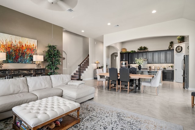 living room featuring ceiling fan