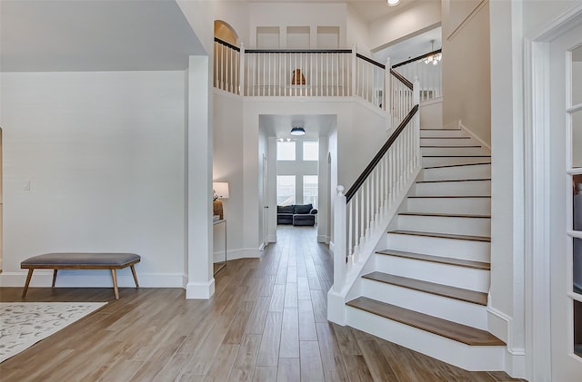 foyer entrance with a high ceiling and light hardwood / wood-style floors