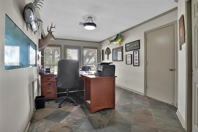 office featuring crown molding and a textured ceiling