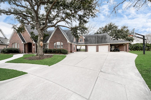 view of front of house featuring a garage, brick siding, driveway, roof with shingles, and a front lawn