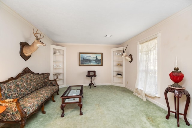 living area with ornamental molding and carpet floors