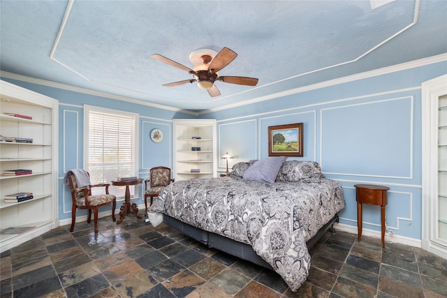 bedroom with ornamental molding, a textured ceiling, and ceiling fan