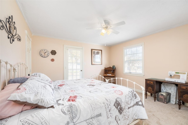 bedroom featuring light carpet, ornamental molding, and ceiling fan