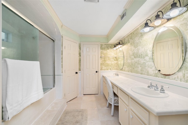 bathroom featuring vanity, crown molding, and shower / bath combination with glass door