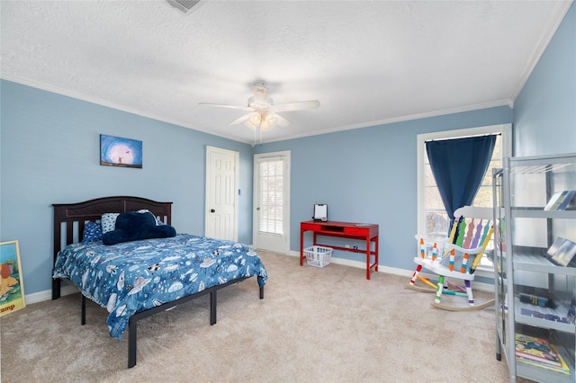 bedroom with crown molding, ceiling fan, light colored carpet, and a textured ceiling