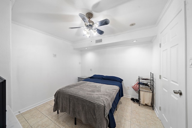 tiled bedroom featuring ceiling fan and ornamental molding