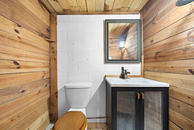 bathroom featuring wood walls, vanity, wooden ceiling, and toilet