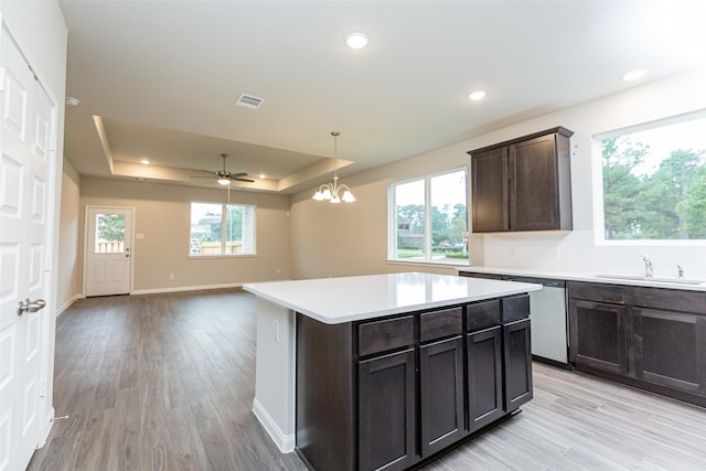 kitchen featuring stainless steel dishwasher, a tray ceiling, sink, and light hardwood / wood-style flooring