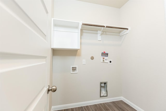 washroom with electric dryer hookup, hookup for a washing machine, dark wood-type flooring, and gas dryer hookup