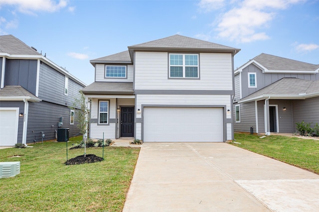 view of front property featuring a garage, central AC unit, and a front lawn