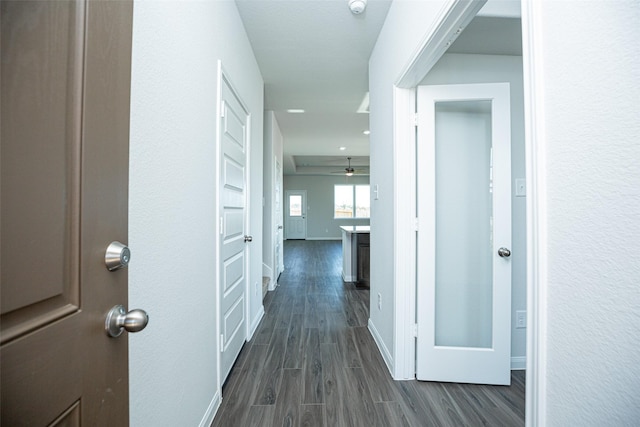 corridor with dark hardwood / wood-style flooring