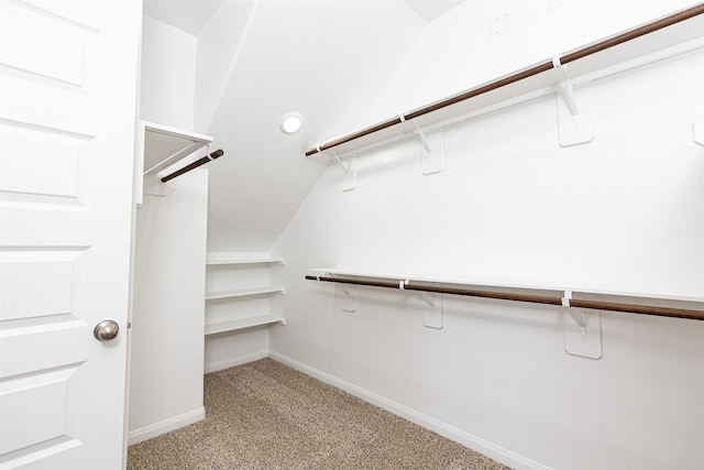 spacious closet with vaulted ceiling and light colored carpet