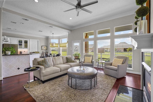 living room featuring dark wood-type flooring, plenty of natural light, crown molding, and a textured ceiling