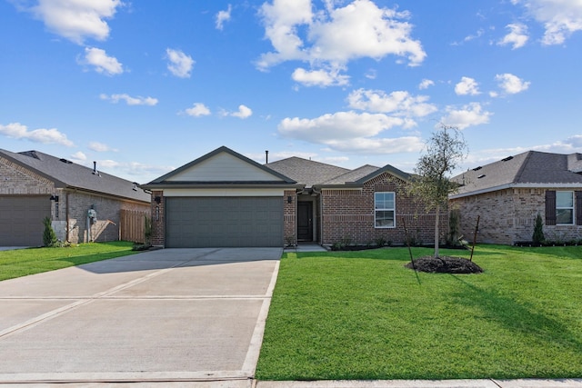 ranch-style home featuring a garage and a front lawn