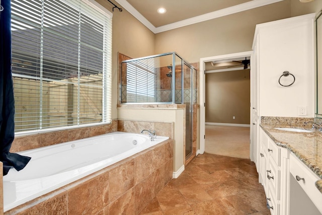 bathroom featuring vanity, ornamental molding, and independent shower and bath