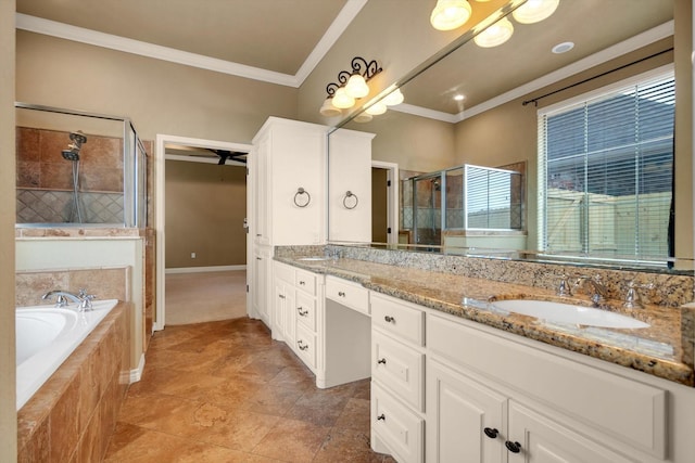 bathroom featuring vanity, ornamental molding, and independent shower and bath