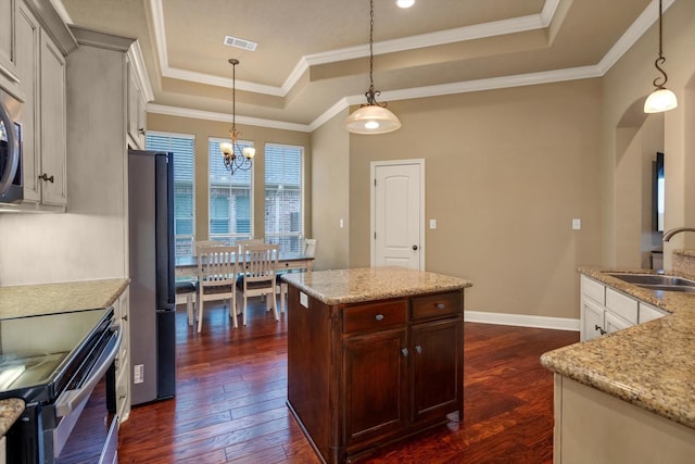 kitchen with sink, light stone counters, hanging light fixtures, a tray ceiling, and stainless steel appliances