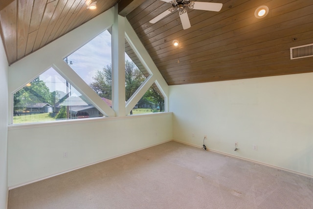 bonus room with wood ceiling, ceiling fan, lofted ceiling, and carpet floors