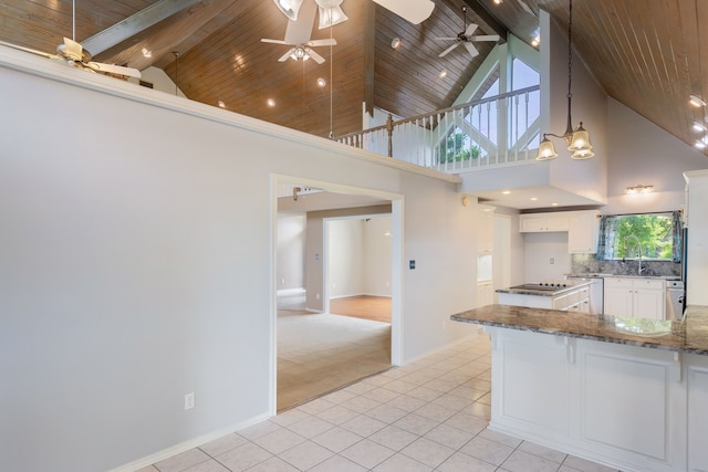 kitchen featuring backsplash, white cabinets, high vaulted ceiling, and wood ceiling