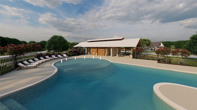 view of pool featuring a patio, fence, and a fenced in pool