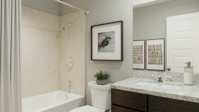 full bathroom with vanity, shower / bath combo with shower curtain, and toilet