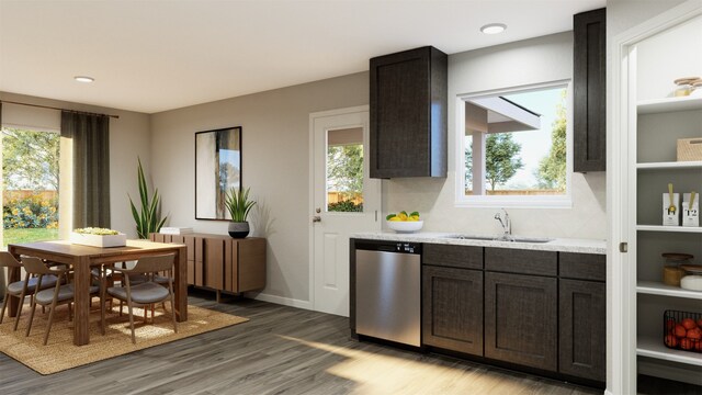 kitchen with dark brown cabinetry, sink, wood-type flooring, dishwasher, and a healthy amount of sunlight