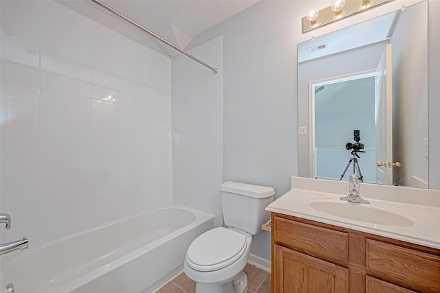 full bathroom featuring bathtub / shower combination, vanity, and toilet