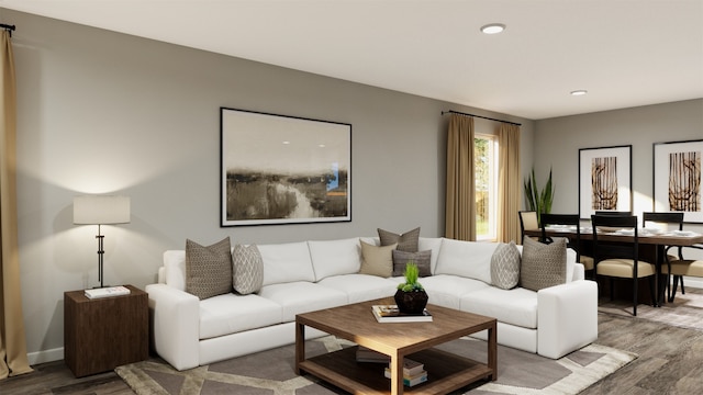 living area featuring wood finished floors and recessed lighting