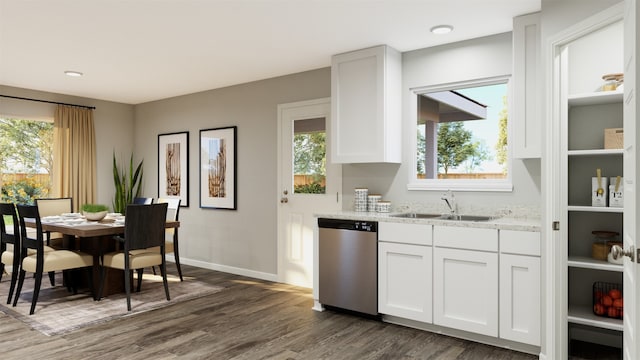 kitchen featuring sink, plenty of natural light, stainless steel dishwasher, and white cabinets