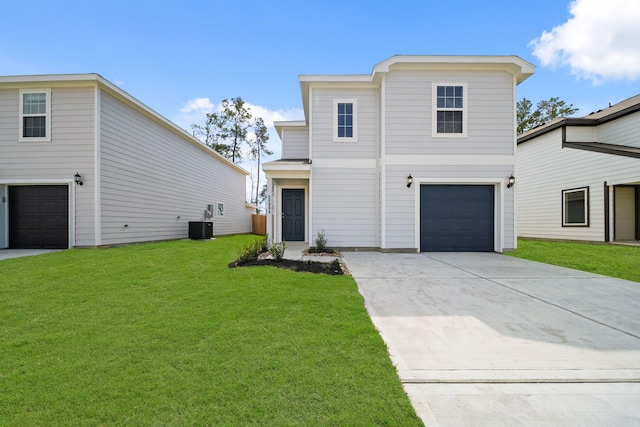 view of front facade with a garage, concrete driveway, a front lawn, and central air condition unit