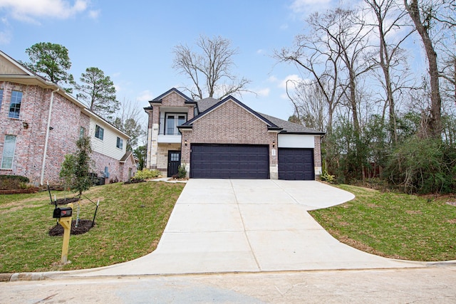 view of front of home featuring a garage, brick siding, a shingled roof, concrete driveway, and a front yard