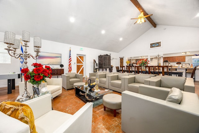 living room with ceiling fan with notable chandelier, high vaulted ceiling, and beamed ceiling