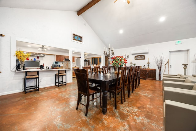 dining area with beamed ceiling, concrete flooring, high vaulted ceiling, and a wall unit AC