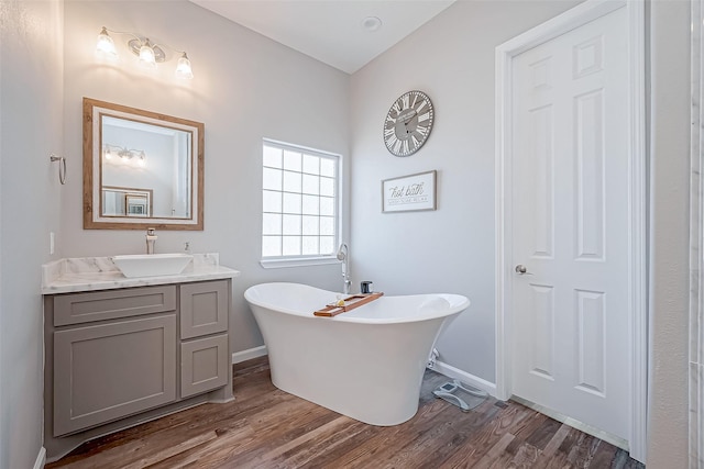 bathroom featuring hardwood / wood-style flooring, vanity, and a washtub