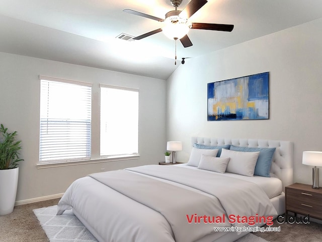 bedroom with light carpet, visible vents, baseboards, lofted ceiling, and ceiling fan