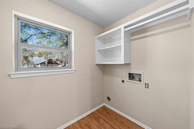 washroom with wood-type flooring, electric dryer hookup, washer hookup, and a textured ceiling