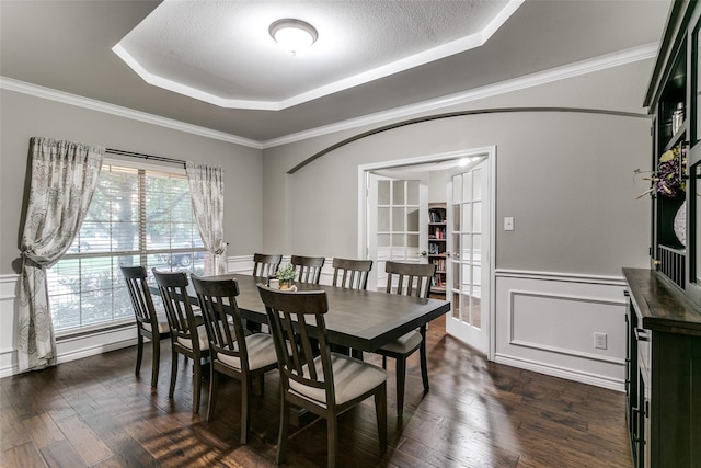 dining room with dark hardwood / wood-style flooring, a raised ceiling, a healthy amount of sunlight, and french doors